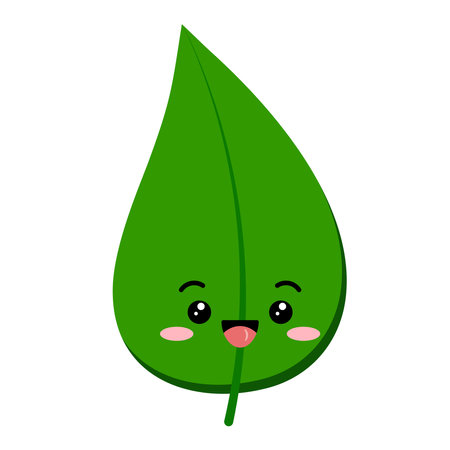 Cute green tea leaf cartoon vector character with face emoticon.のイラスト素材