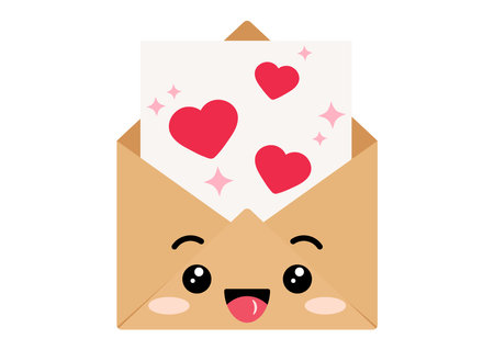 Cute craft envelope character with love letter and hearts vector icon.のイラスト素材