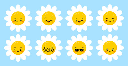 Daisy flower smile face happy cute character set.のイラスト素材