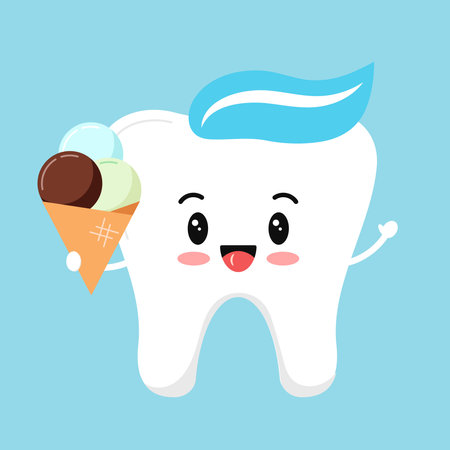 Cute tooth with ice cream balls in a waffle cone.のイラスト素材