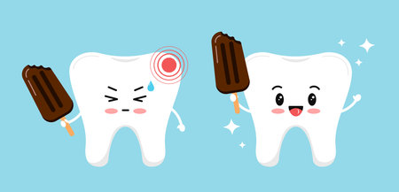 Sensitive tooth and healthy tooth before after treatment icon set.のイラスト素材