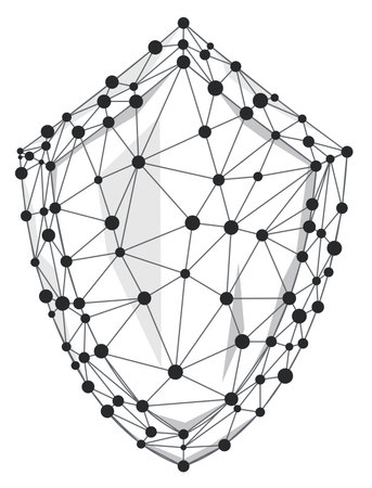 Shield wireframe polygon with line and dots isolated on white background.のイラスト素材