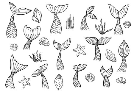 Mermaid tail with shell, seaweed, starfish cute vector icon set.のイラスト素材