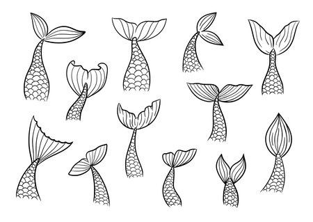 Mermaid tail cute vector icon set black contour marine tale girl elements.のイラスト素材