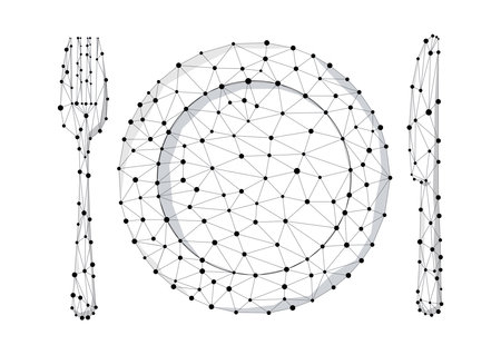 Wireframe food restaurant concept - plate knife and fork icon set isolated on white background.のイラスト素材