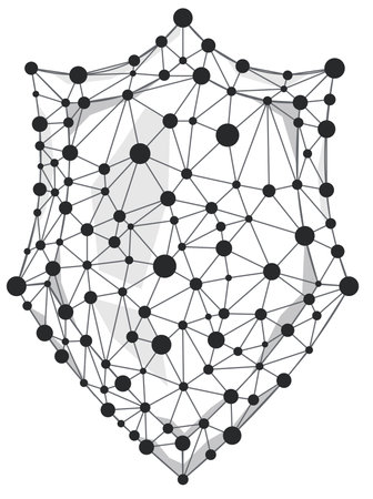 Shield wireframe polygon with line and dots isolated on white background.のイラスト素材