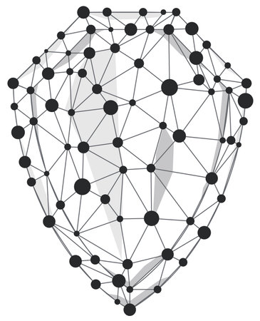 Shield wireframe polygon with line and dots isolated on white background.のイラスト素材