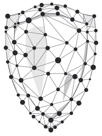 Shield wireframe polygon with line and dots isolated on white background.のイラスト素材