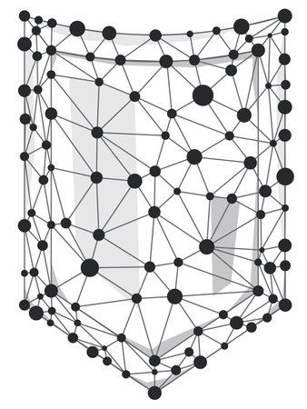 Shield wireframe polygon with line and dots isolated on white background.のイラスト素材