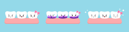 White cute tooth and with yellow tartar before after plaque test icon set. Kのイラスト素材