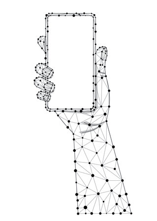 Hand holds wireframe mobile phone low poly style vector illustration.のイラスト素材