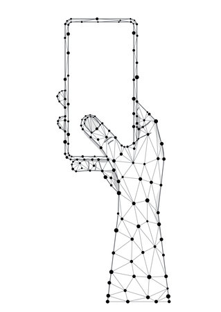 Hand hold mobile phone polygon wireframe vector illustration.のイラスト素材