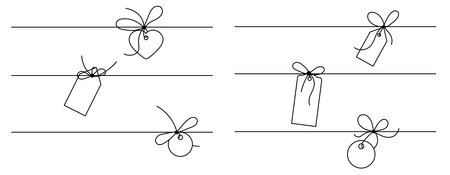 Bow with label tag on gift ribbon string vector silhouette icon set.のイラスト素材