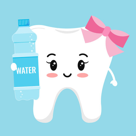 Cute tooth with water bottle food for dental teeth health concept.のイラスト素材