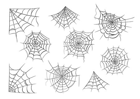 Spiderweb simple black silhouette icon set for Halloween isolated on white background.のイラスト素材