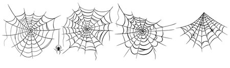 Spider web simple black silhouette icon set for Halloween isolated on white background.のイラスト素材