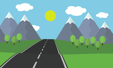 Cartoon flat design illustration of the asphalt road leading landscape with grass and trees in the mountains with snow under blue sky with cloud and sun - vectorのイラスト素材