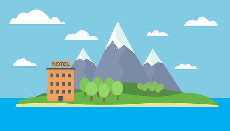 Cartoon colorful vector illustration of an island at sea with mountains and hill, forest and hotel on a sandy beach under blue sky with cloudsのイラスト素材