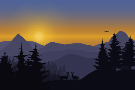 Vector illustration of a mountain landscape with deer in a forest under the sky with dawnのイラスト素材