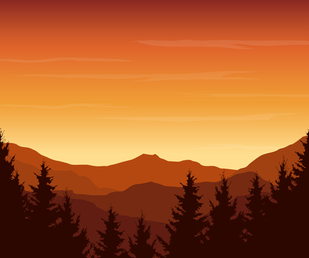 Panoramic view of mountain landscape with forest and hill under red sky with dawn and clouds - vector illustrationのイラスト素材