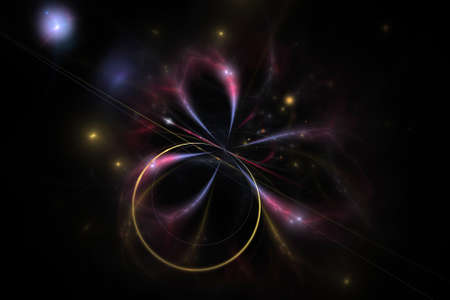 Fractal abstract illustration of colored lines and circles on a black background