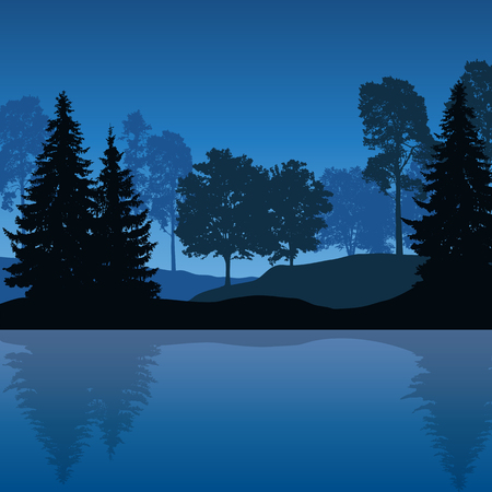 Vector illustration of mountain landscape with trees and water with reflection under night blue skyのイラスト素材