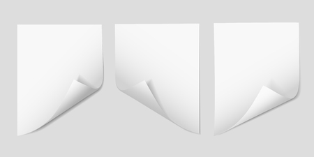 Set of realistic vector illustrations of an empty sheet of paper with a bent corner, isolated on a grey backgroundのイラスト素材