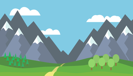 Panoramic cartoon mountain landscape with blue sky and white clouds, trees, snow on the peaks, hills and through the mountains - vector illustration, flat designのイラスト素材