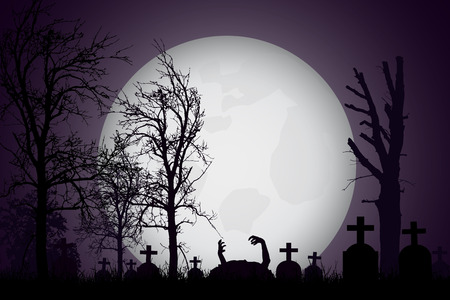 Vector realistic illustration of a haunted cemetery with tombstones and hand zombie, cross and trees without leaves under a dramatic sky with moonのイラスト素材