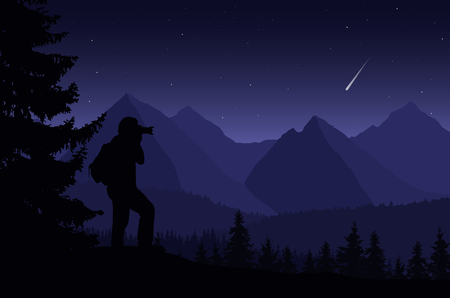 Vector illustration of a mountain landscape with trees and a human being photographed under a night purple sky with stars and a falling cometのイラスト素材
