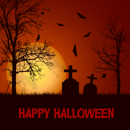 Vector illustration of a graveyard with tombstones and trees under a haunted red sky with a big moon and flying bats and with the text Happy Halloweenのイラスト素材