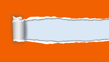 vector realistic illustration of orange torn paper with rolled edge on blue background with frame for textのイラスト素材