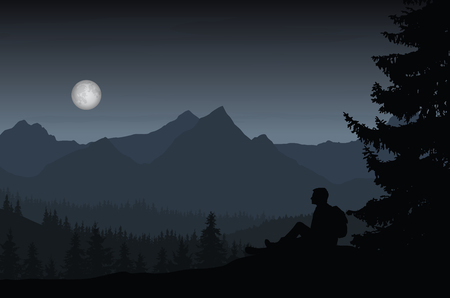 Vector illustration of mountain landscape with forest and man sitting under night blue-gray sky with moon in full moon and cloudsのイラスト素材