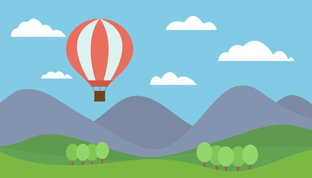 Cartoon view mountain landscape with a red hot air balloon flying in the hills with trees under a blue sky with clouds - vectorのイラスト素材