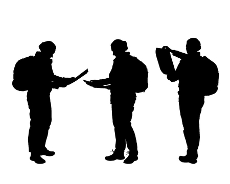 Set of realistic vector silhouettes of female tourist looking in map, isolated on white backgroundのイラスト素材