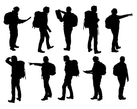 Set of realistic silhouettes of man and woman standing, walking and showing hand and map and backpack in different poses.のイラスト素材