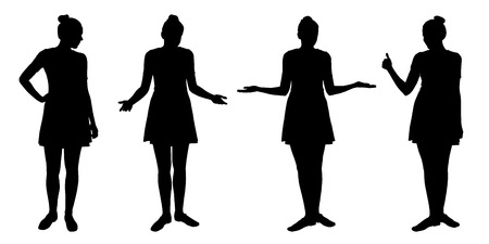 Set of realistic silhouettes of standing young women in different poses, isolated on white background - vectorのイラスト素材