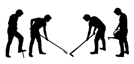 Set of realistic silhouettes of working farmer with tools, isolated on white background - vectorのイラスト素材
