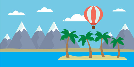 Cartoon vector illustration of tropical island with hills, palm trees and hot air balloon, flying between clouds on blue sky. Suitable for advertising.のイラスト素材