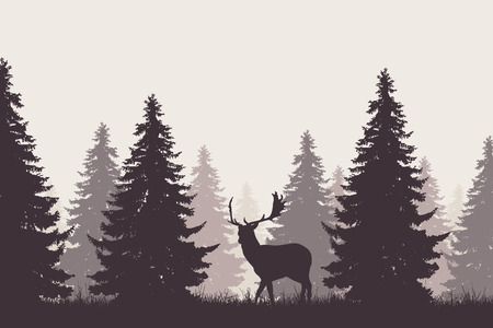 A retro coniferous forest with a silhouette of a fallow deer - vectorのイラスト素材