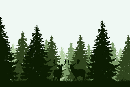 Vector illustration of a green deep forest with two deerのイラスト素材
