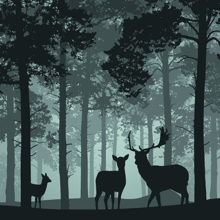 Deep forest with deer, doe and fawn - vectorのイラスト素材