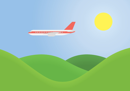 Green landscape with flying airplane on blue sky with sun.のイラスト素材