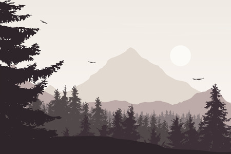 Mountain landscape with a forest under the sky with clouds and flying birds in retro colors - vectorのイラスト素材