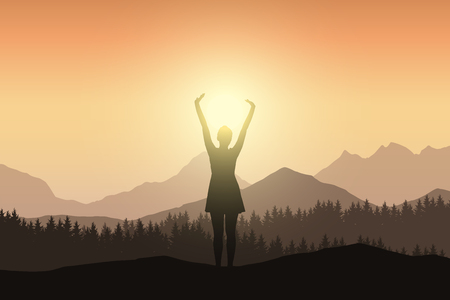 Young woman in dress with raised hands in mountain landscape with forest in sunshine - Vector illustration.のイラスト素材