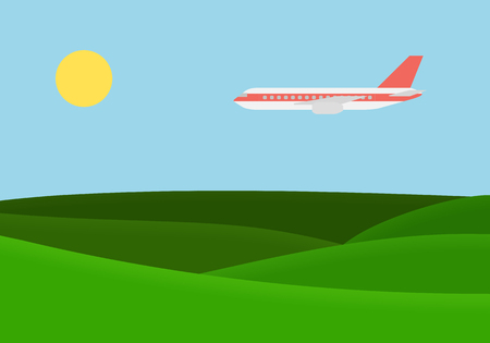 Green landscape with grassy hills and flying airplane on blue sky with sun vector, suitable for advertising on vacation and travel.のイラスト素材
