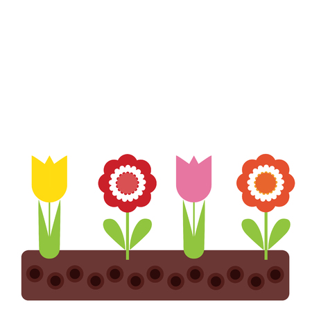 Flowerbed with tulips and colorful flowers with green leaves in soil, with space for your text.のイラスト素材