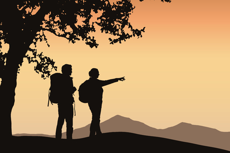 Two tourists standing under a tree pointing in the distance in mountain landscape with orange sky and space for your text - vectorのイラスト素材