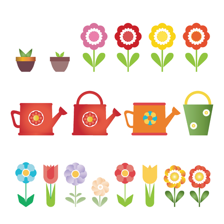 Set of vector flowers, pots and water cans, isolated on white background.のイラスト素材