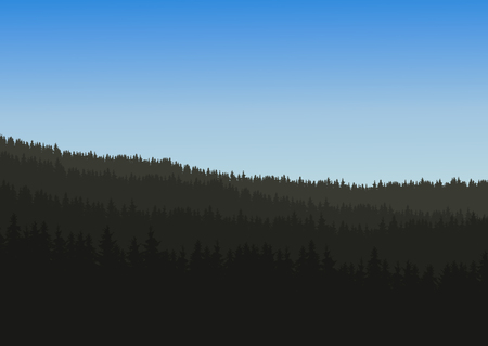 Green coniferous forest with a hill under a clear blue sky - vector, with space for your textのイラスト素材
